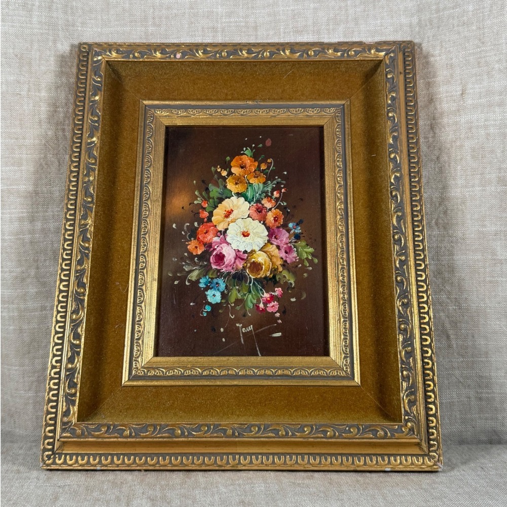 Floral Oil Painting Good Vintage Hand Painted Gold Ornate Frame Velvet Mat